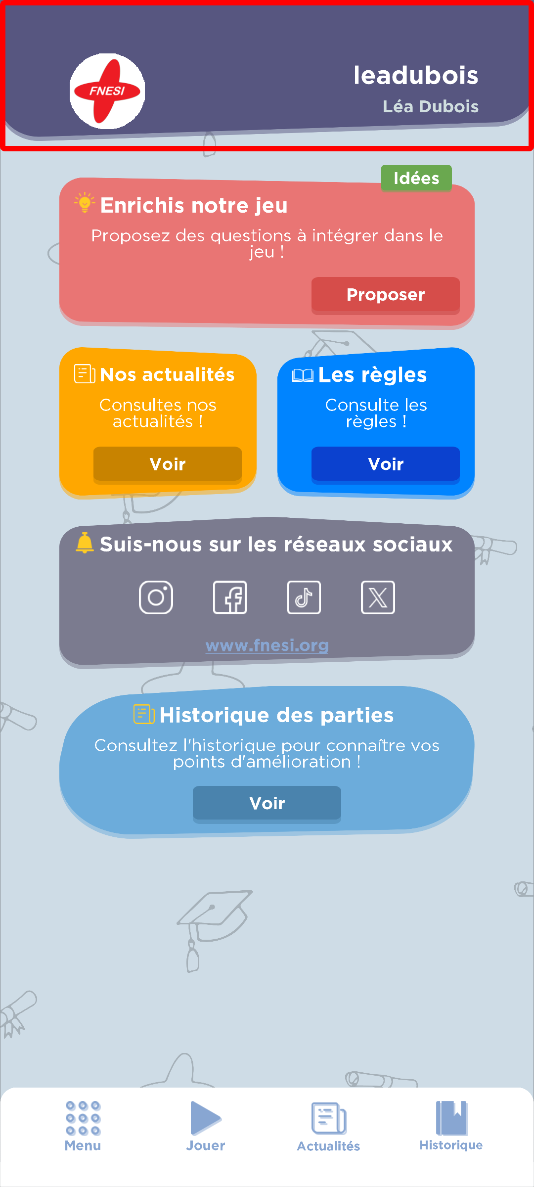 Menu principal avec profil