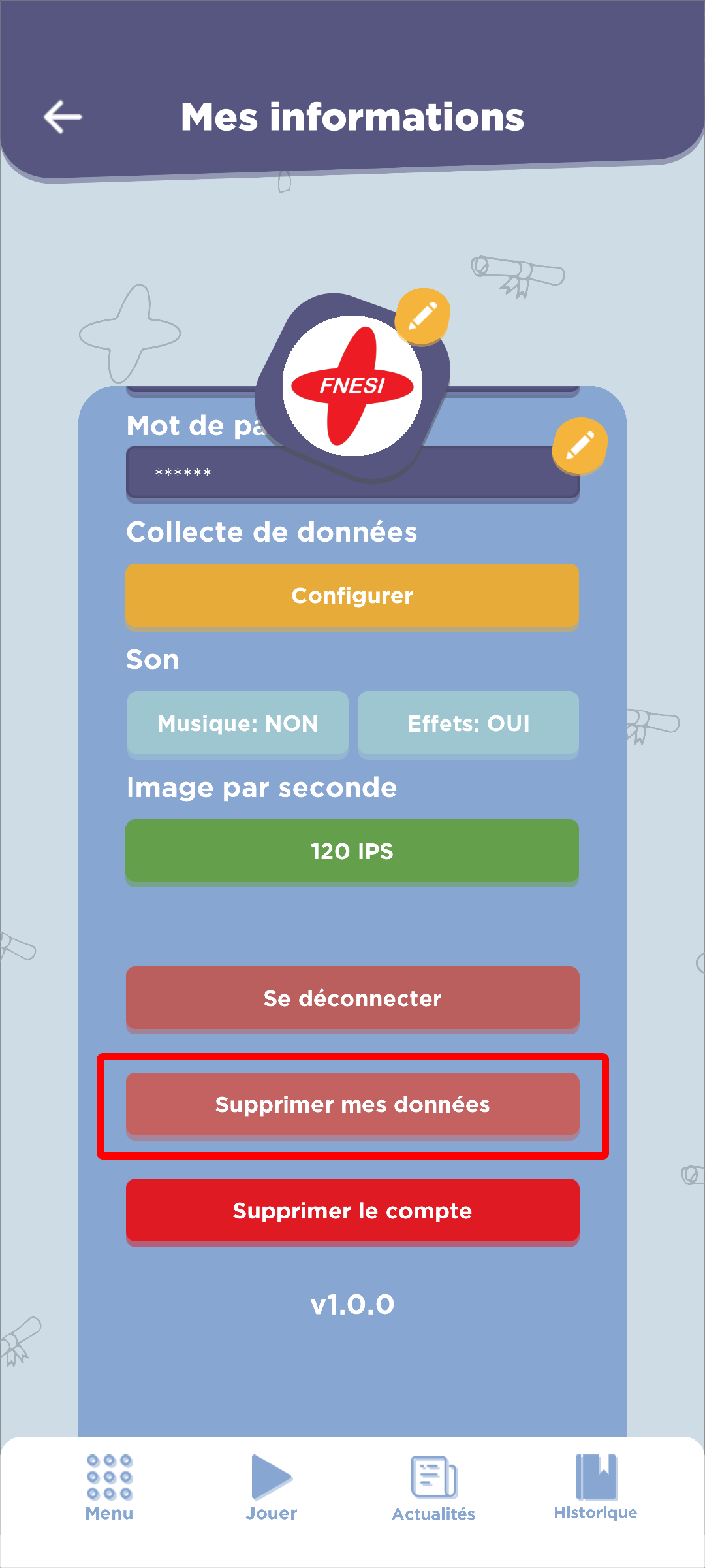 Option Supprimer mes données